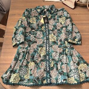 Entro Floral Puff Sleeve Ric Rac Mini Dress w/pockets